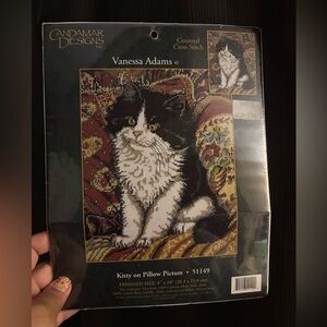 Candamar Designs "Kitty on Pillow Picture" Cross Stitch Kit by Vanessa Adams.